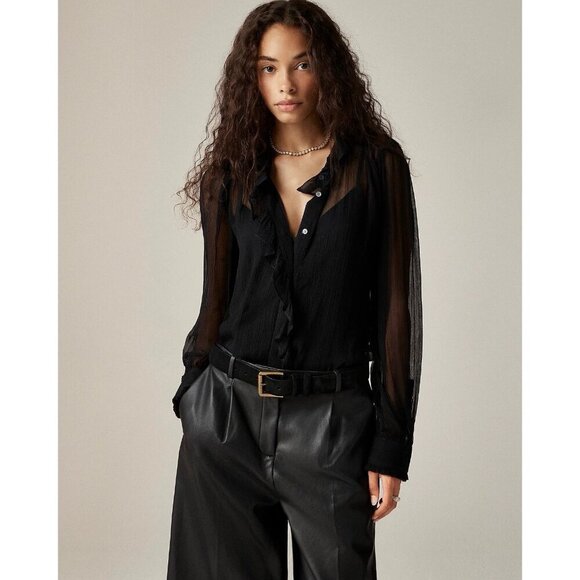 J Crew Womens Ruffle Button Up Shirt Sz 0 Black Crinkle Chiffon Sheer Top Blouse - Picture 1 of 4